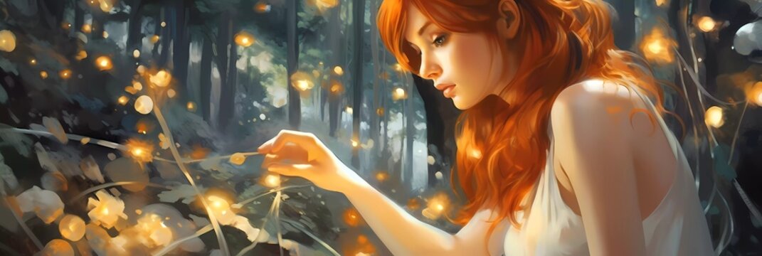 A girl in a white dress in a forest full of fireflies