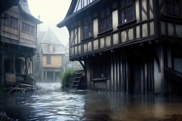 Fototapeta premium high water level on a city European street from a flood, after a downpour or an avalanche. The concept of natural disaster insurance and life and property insurance.Generative AI