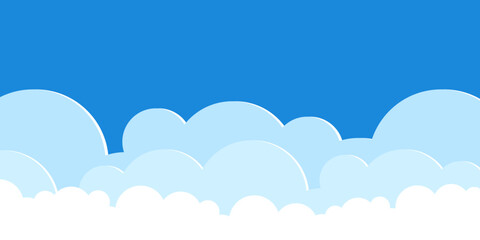 Paper cut flat clouds on blue sky background. Cartoon clouds banner. Vector illustration.