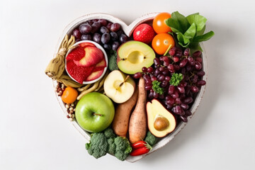 Colorful heart-shaped platter brimming with organic fruits and veggies, a feast for the eyes and the body. AI Generative