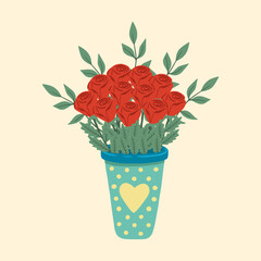 Illustration of vase with flowers. Bright blooming flowers in vase. Design element for greeting card, invitation, print, sticker. Illustration for birthday, mother's day, valentine's and woman's day.