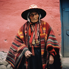 Fototapeta premium portrait of an old inca in traditional attire - generative ai