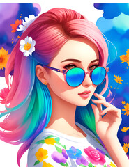Portrait of beautiful woman wearing sunglasses. AI generated illustration