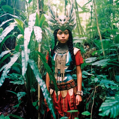 a young woman in traditional attire in a tropical forest - generative ai