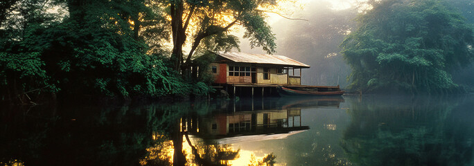 Fototapeta premium A wooden house by the river in the Amazon forest - generative ai