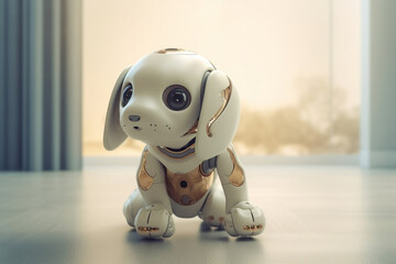 Cyborg futuristic animal toy. Technological robotic puppy gadget. White happy little dog robot pet. Futuristic pet assistant powered by artificial intelligence. Innovation high tech. Generative AI