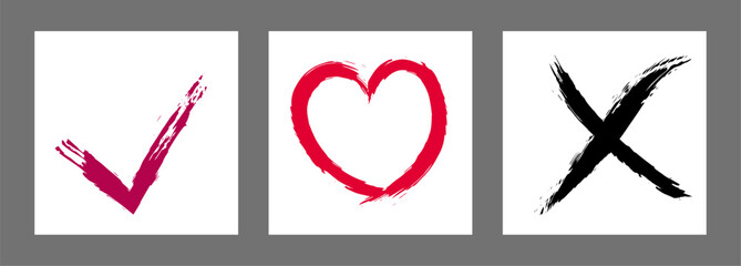 The cross, heart and OK symbol are hand-drawn with a brush. Prohibition, denial, error. Love. Approval, consent. Vector, set of 3 characters