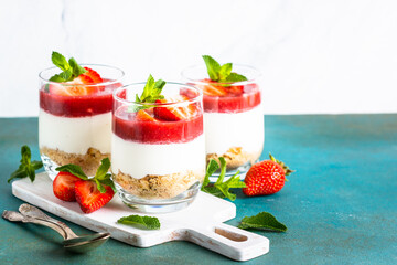 Strawberry cheesecake in glass, no baking dessert.