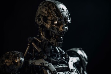 Obraz na płótnie Canvas A 3D model of a robot on a dark backdrop. Generative AI