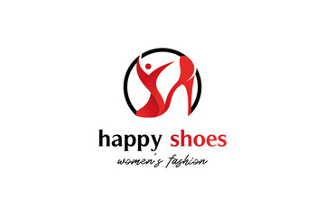 Fashion woman shoes logo design, happy high heels sandals vector illustration