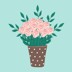 Illustration of vase with flowers. Bright blooming flowers in vase. Design element for greeting card, invitation, print, sticker. Illustration for birthday, mother's day, valentine's and woman's day.