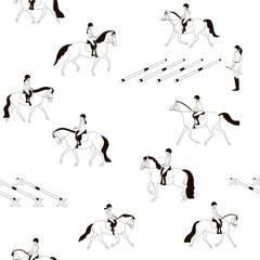 Riding school training, seamless pattern, black and white vector