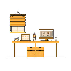 Flat design of working table with computer, desktop, equipment. Working desk with table, chair, book