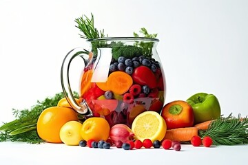 Blender with fruit and vegetable in white background, cook (Ai generated)
