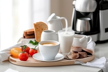 Fototapeta na wymiar Coffee maker with breakfast food (Ai generated)