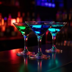 neon color liquids in martinis glass