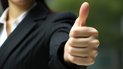 Eine Geschäftsfrau zeigt die positive Zustimmung durch die Daumengeste "Daumen hoch" (Daumensignal). Bokeh-Naturhintergrund. (Generative AI)