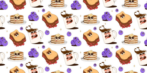Seamless pattern with funny cartoon food characters. Coffee, pancake, toast with jam, blueberries. Trendy retro groovy style. Vector background.