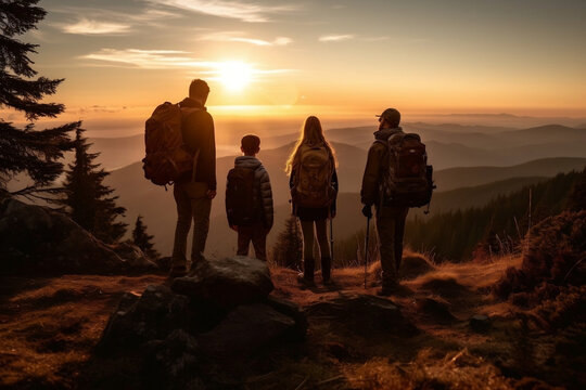 Four friends standing with trekking poles on cliff edge, looking at stunning beautiful sunset or sunrise view. Successful summit, active hiking sport in nature concept image. Generative AI Technology