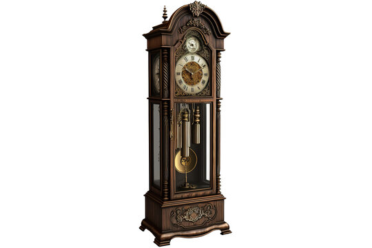 Old antique grandfather clock - isolated on transparent/white background. Generative AI