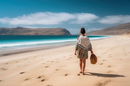 Traveler in summer beach, female tourist walking on sand (Ai generated)