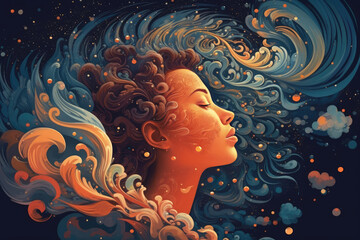 Surreal illustration of a person surrounded by swirling psychic waves, symbolizing the connection between the inner and outer worlds, the subconscious and conscious mind - obrazy, fototapety, plakaty