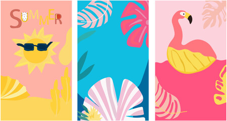 An imaginative backdrop featuring a picturesque seaside landscape, a vibrant sun, flamboyant foliage, and the playful presence of a flamingo. A collection of summer-themed posters. Vector.