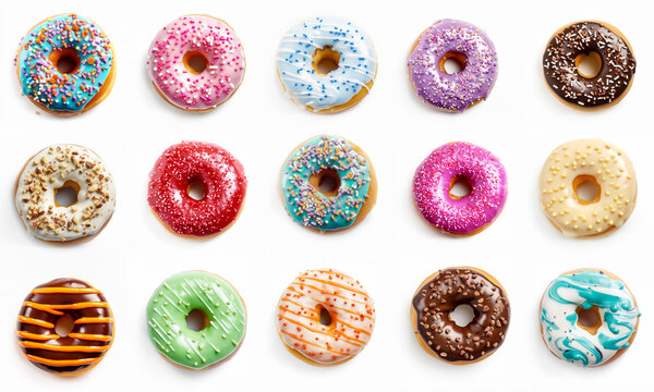 Assorted donuts with chocolate frosted, white, orange, green, blue, pink, red glazed and sprinkled donuts on white background, top view, isolated picture
