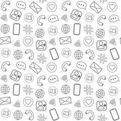 Seamless pattern with different icons for social media, webpages, advertising background, textile, and T-shorts print. Mobile phone, 