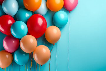 Colorful balloons on a turquoise background, in the style of nostalgic minimalism. Generative Ai Illustration.

