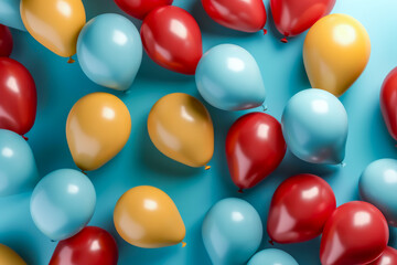 Obraz premium Colorful balloons on a turquoise background, in the style of nostalgic minimalism. Generative Ai Illustration.