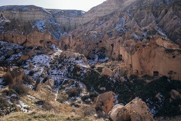 Cave town and rock formations in Zelve Valley, Cappadocia, Turkey - feb 2023