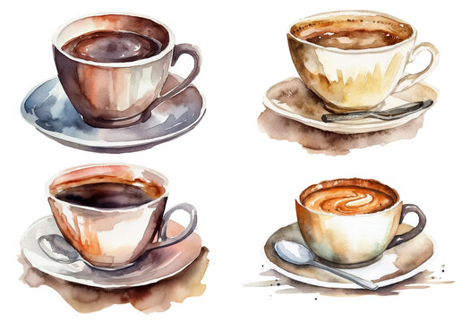 Watercolor set of Tea or coffee cups isolated on clear png background, Homemade mug for collection, Afternoon tea catering party, clipart of cup style, with Generative Ai.
