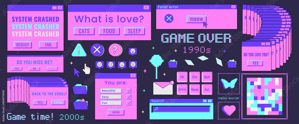Poster nostalgia for 1990s -2000s. set in retro style. old computer aestethic elements. retro pc user inter