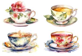 Watercolor set of Tea or coffee cups isolated on clear png background, Homemade mug for collection, Afternoon tea catering party, clipart of cup style, with Generative Ai. - obrazy, fototapety, plakaty