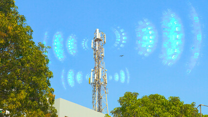 Telecommunication tower antenna evolving signal waves 5G 4G