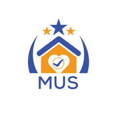 MUS House logo Letter logo and star icon. Blue vector image on white background. KJG house Monogram home logo picture design and best business icon. 
