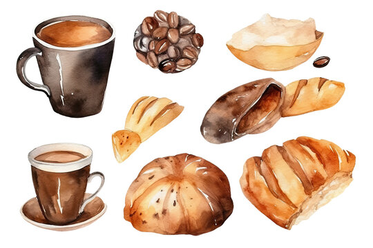 Watercolor bakery breads products isolated on clear png background, various breads in cafe shop, Delicious buns, pancake, and others baked, with Generative Ai.
