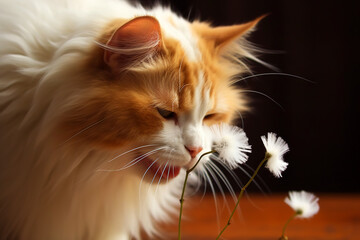 Cat sneezing after smelling flowers. Allergy metaphor with funny kitten. Generated AI.