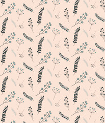 floral pattern in doodle style. Meadow plants, leaves, leaf and small daisy flowers collection. All over print. Botanical collage. Floral silhouettes. floral background