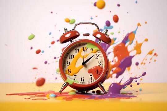  time concept, alarm clock exploding with colorful paint splashes, vibrant yellow and blue colors