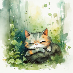 Cute animal sleeping in forest watercolor illustration