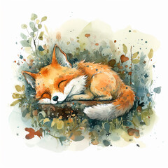 Cute animal sleeping in forest watercolor illustration