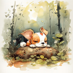 Cute animal sleeping in forest watercolor illustration