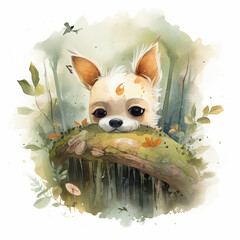 Cute animal sleeping in forest watercolor illustration