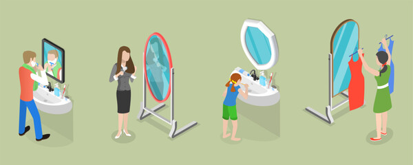 Fototapeta na wymiar 3D Isometric Flat Vector Set of People Next to the Mirror, Daily Routine