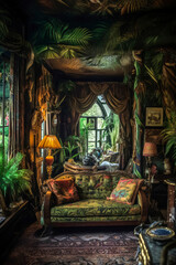 Generative AI illustration of Luxurious Rococo style dining room filled with green plants and artwork with antique furniture