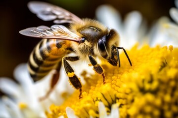 A macro shot of a bee collecting nectar from a chamomile flower, showcasing the symbiotic relationship between the flower and pollinators in nature. Generative AI