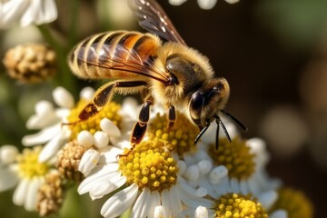 A macro shot of a bee collecting nectar from a chamomile flower, showcasing the symbiotic relationship between the flower and pollinators in nature. Generative AI