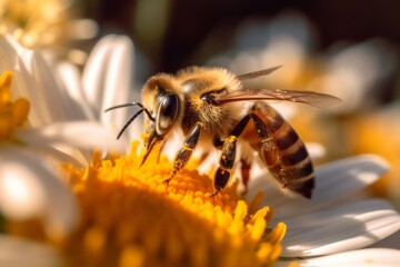 A macro shot of a bee collecting nectar from a chamomile flower, showcasing the symbiotic relationship between the flower and pollinators in nature. Generative AI - obrazy, fototapety, plakaty